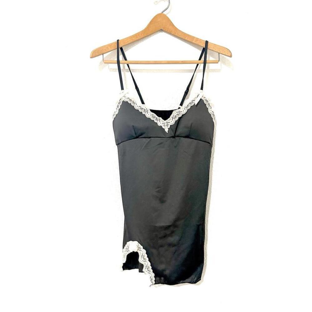 Womens Slip Dress Sleepwear Pajamas Black Cream Lace Trim V-neckline Camisole LG